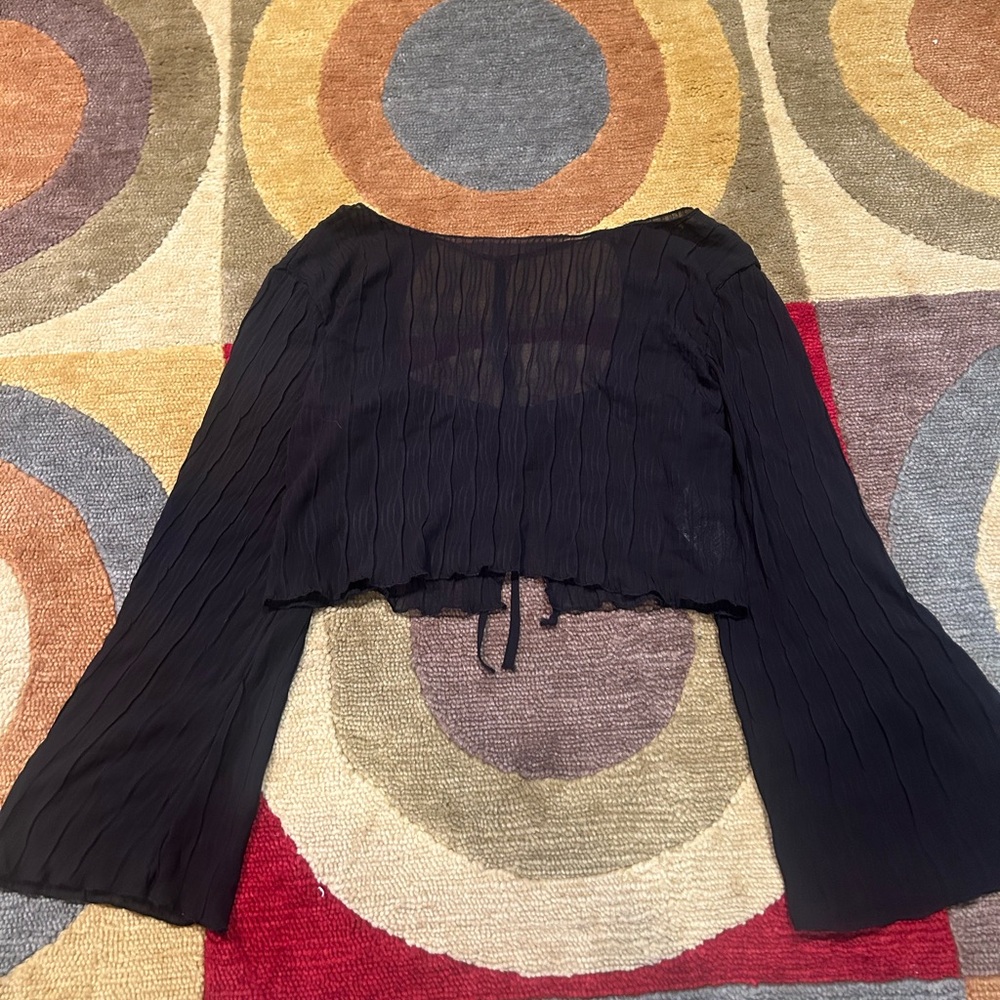 Black Sheer Open Back Tie Cutout Wide Sleeve Long Sleeve Crop Top Blouse Shirt